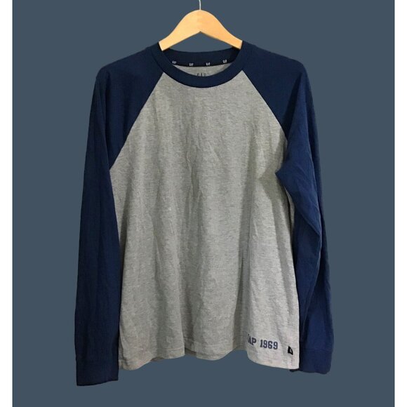 GAP MENS GREY/NAVY CREW NECK LONG SLEEVE T-SHIRT SIZE LARGE - Picture 1 of 6